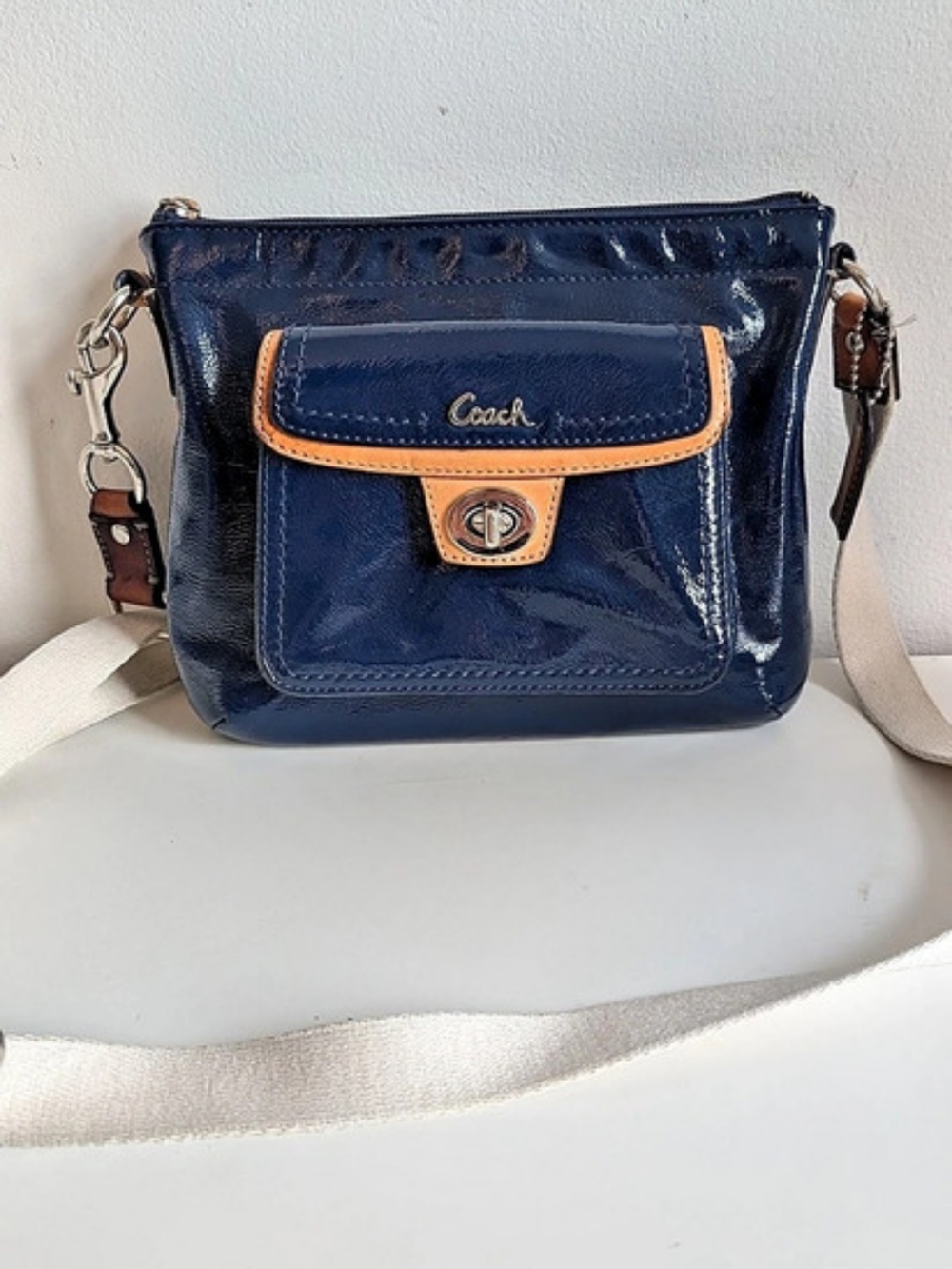 Coach Poppy Liquid Gloss Crossbody Bag Patent Leather Blue & Brown